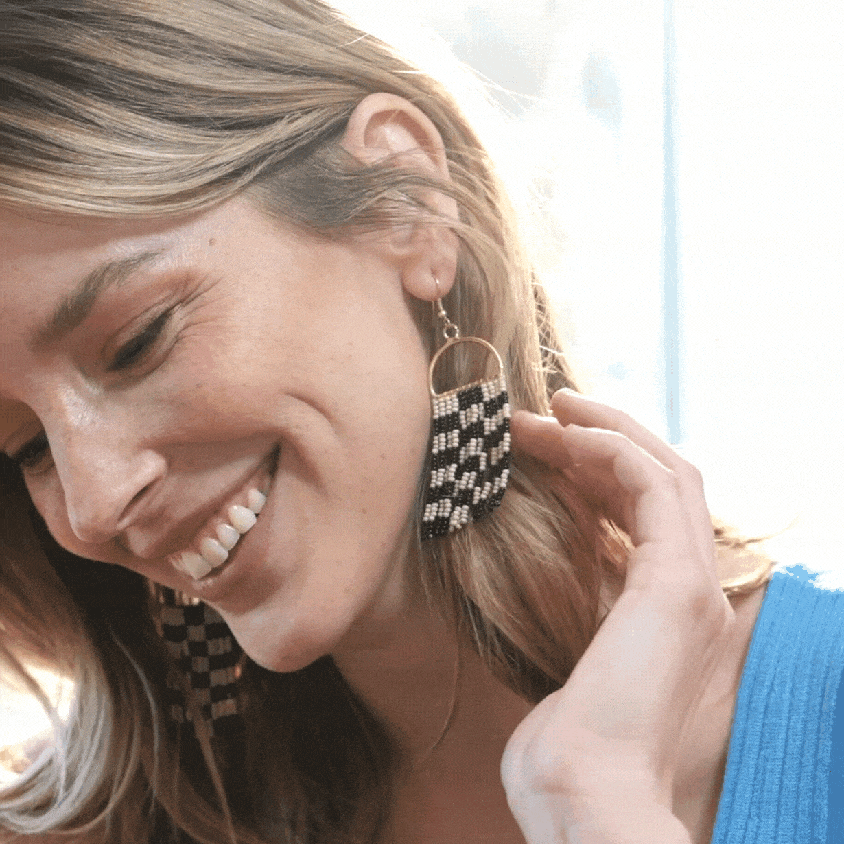 Allison Checkered Beaded Fringe Earrings Black