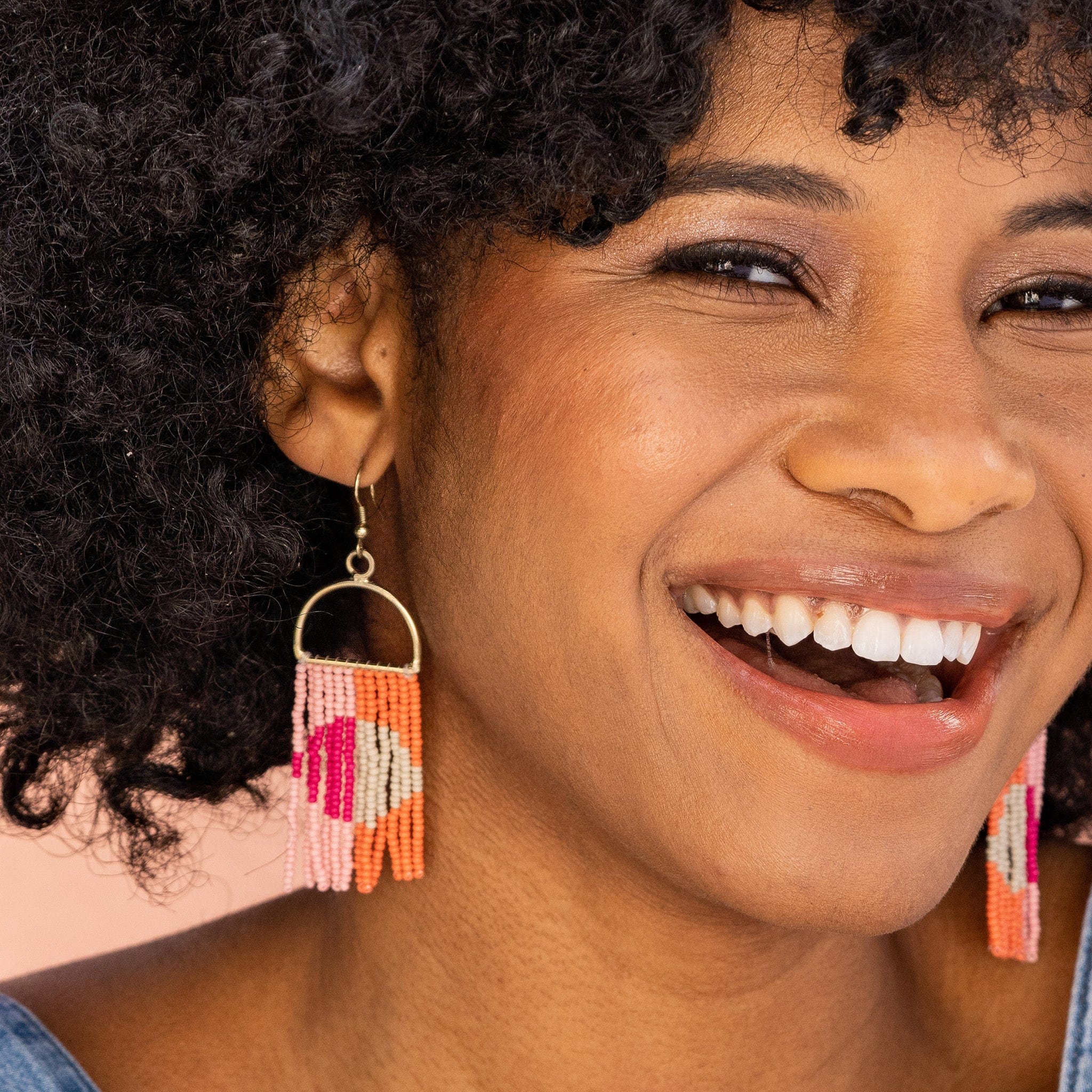 Allison Half Circle Color Block Beaded Fringe Earrings Hot Pink