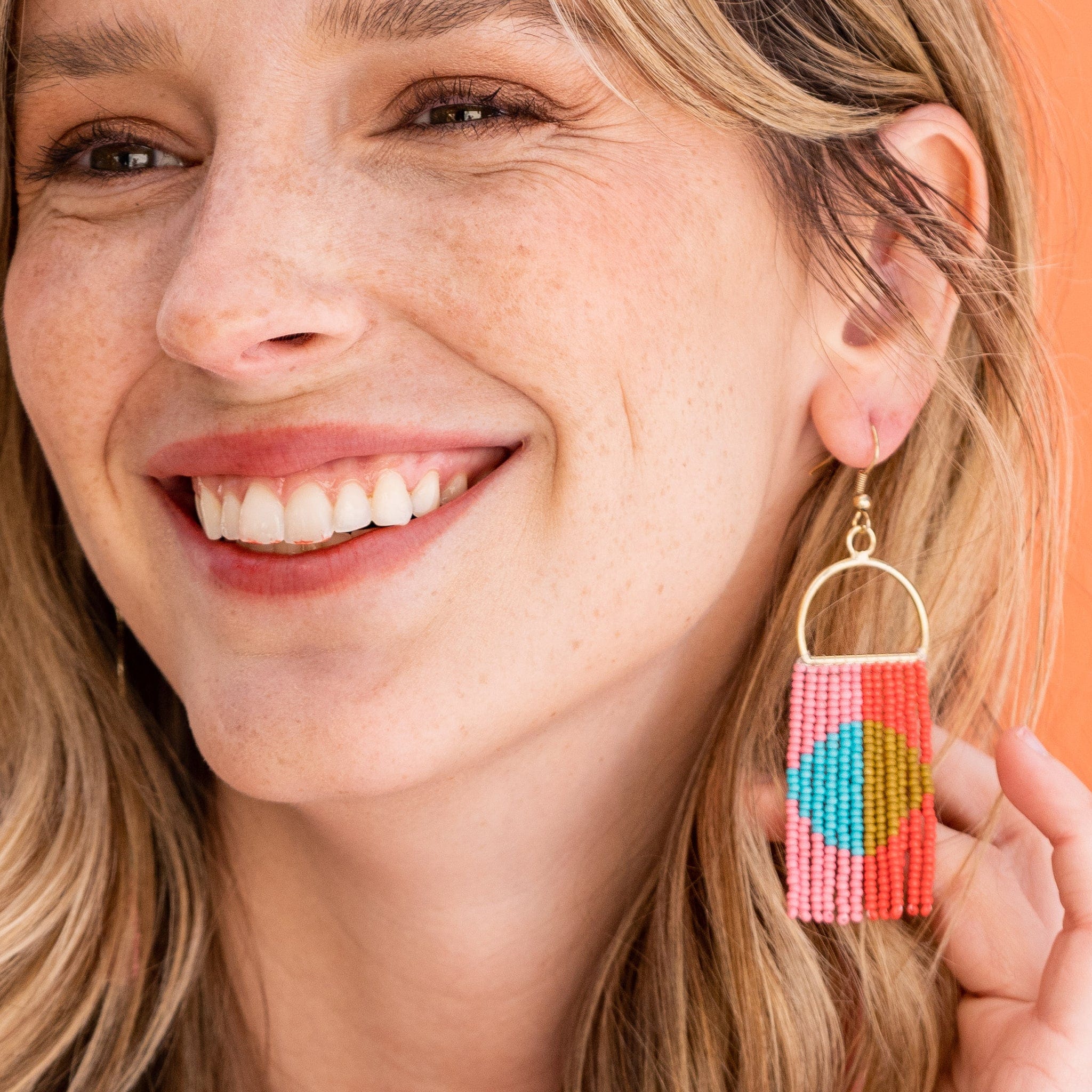 Allison Half Circle Color Block Beaded Fringe Earrings Tomato Red