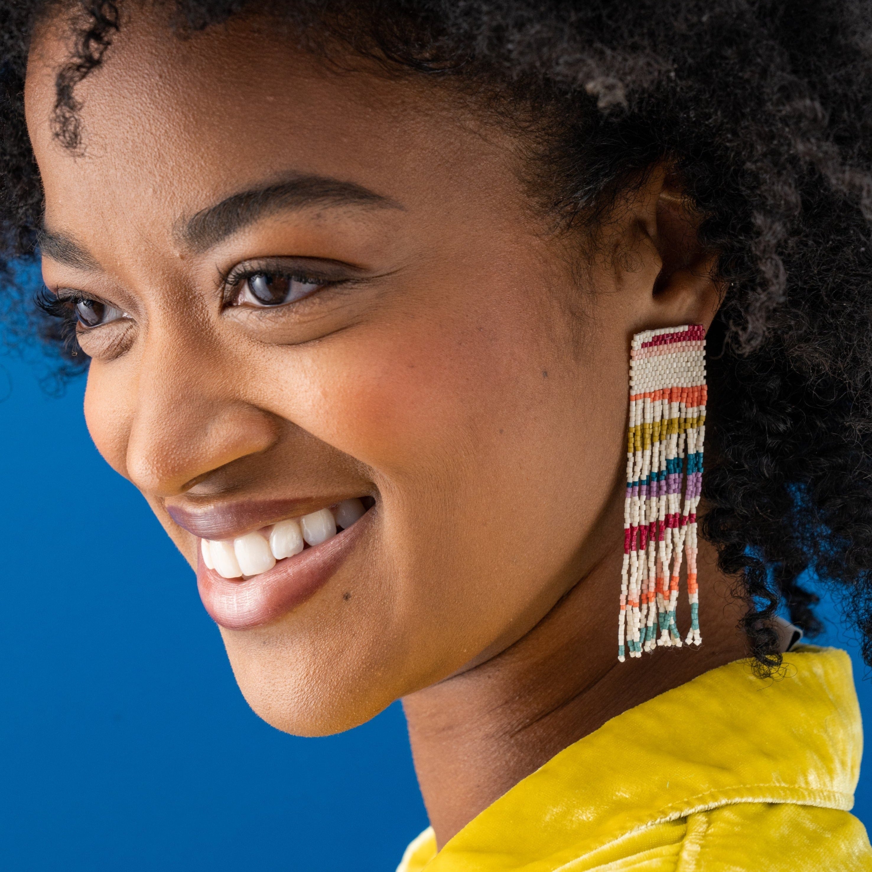 Belle Angled Stripes Beaded Fringe Earrings Rainbow