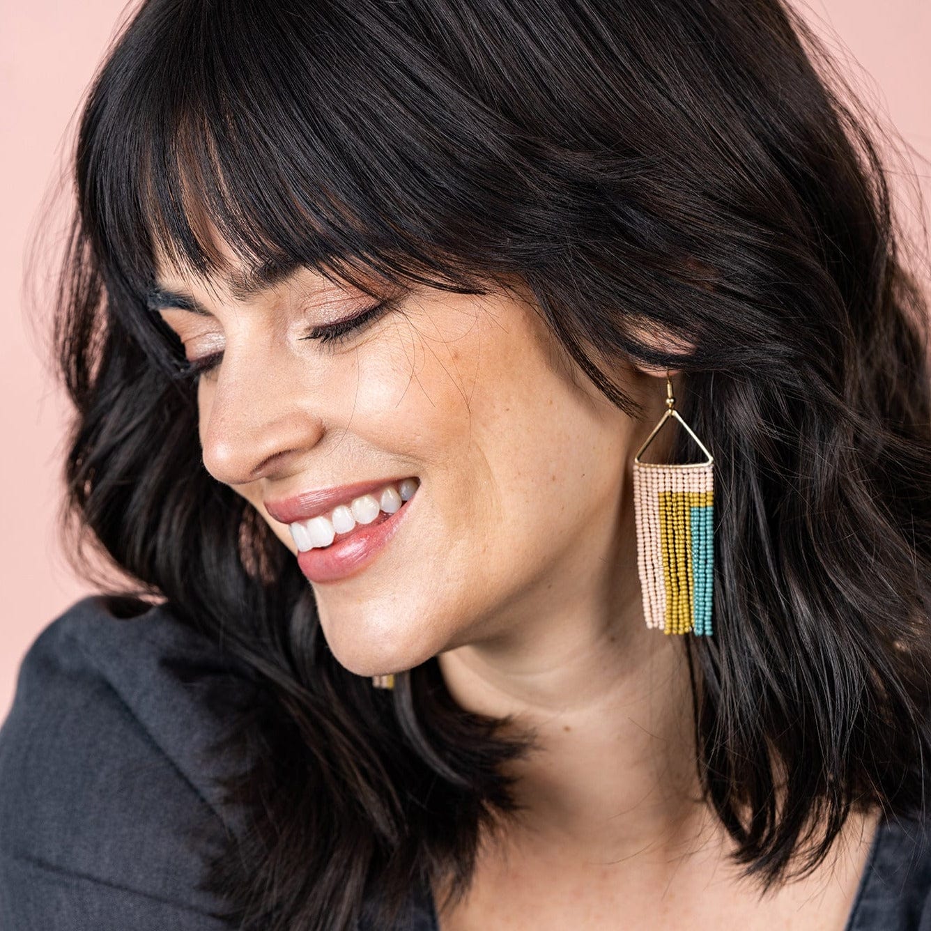 Whitney Rectangles Beaded Fringe Earrings Blush