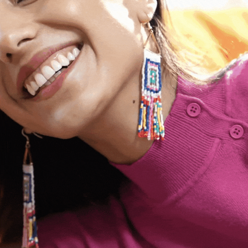 Brooke Squares Beaded Fringe Earrings Neon White