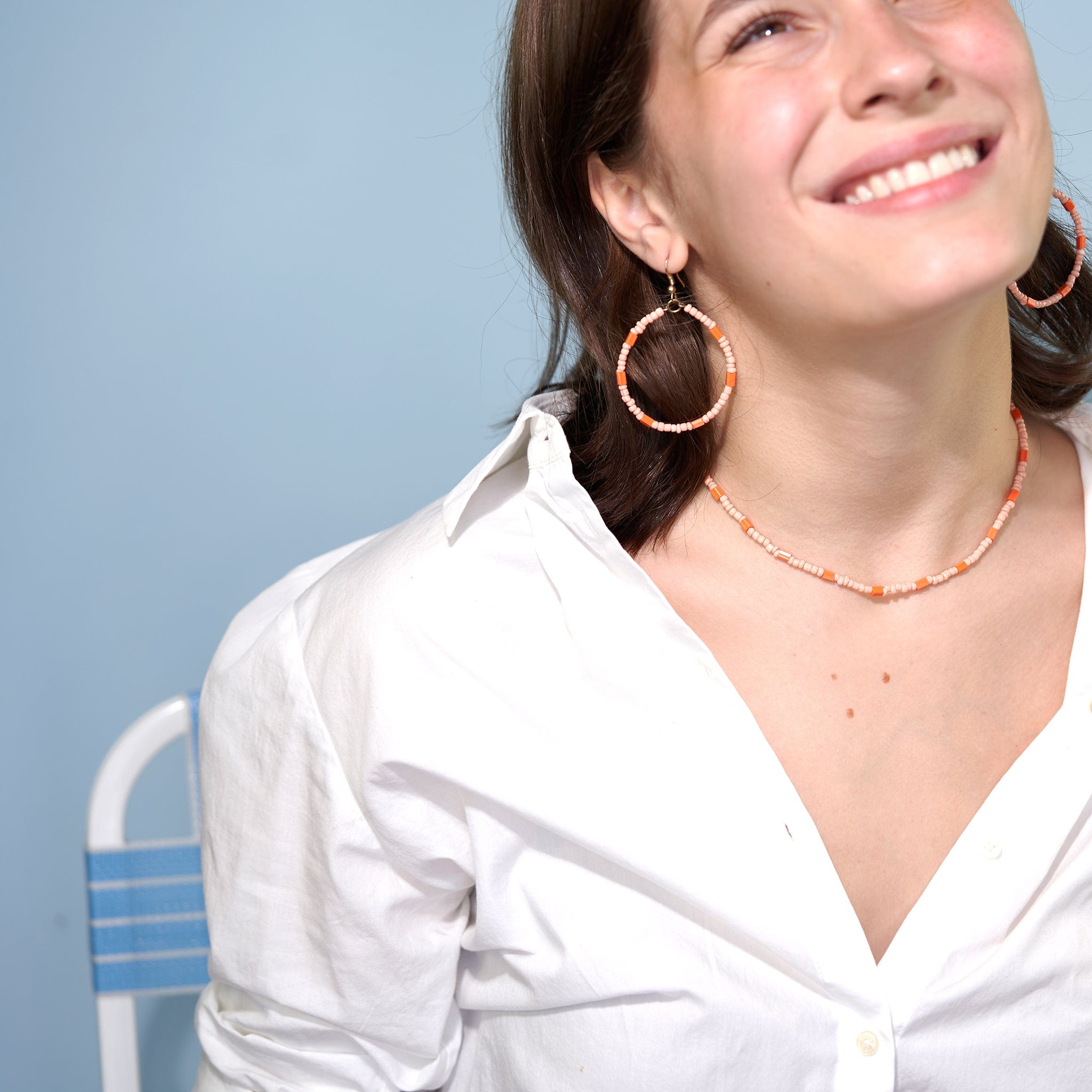 Courtney Alternating Beaded Hoop Earrings Coral and Pink