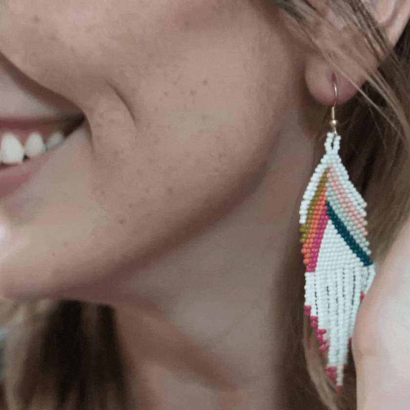 Elise Chevron with Stripes Beaded Fringe Earrings White Rainbow