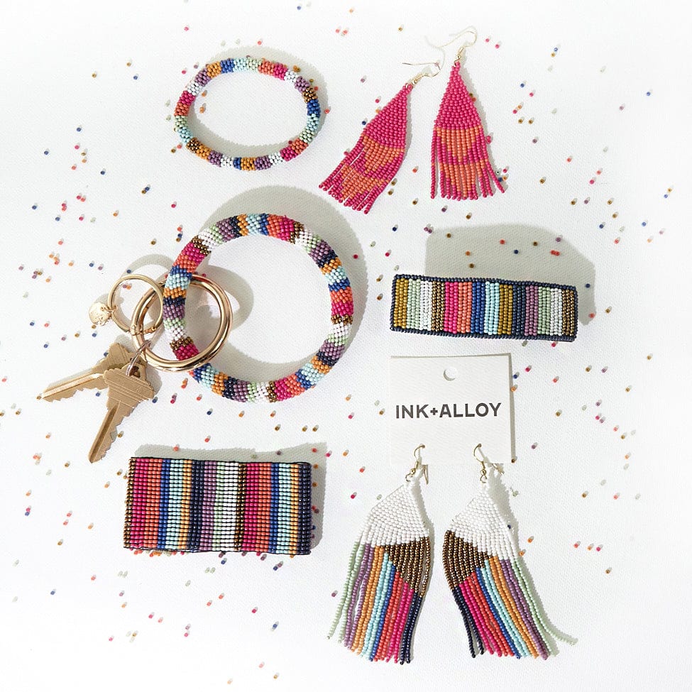 Elise Angle With Stipes Beaded Fringe Earrings White Rainbow