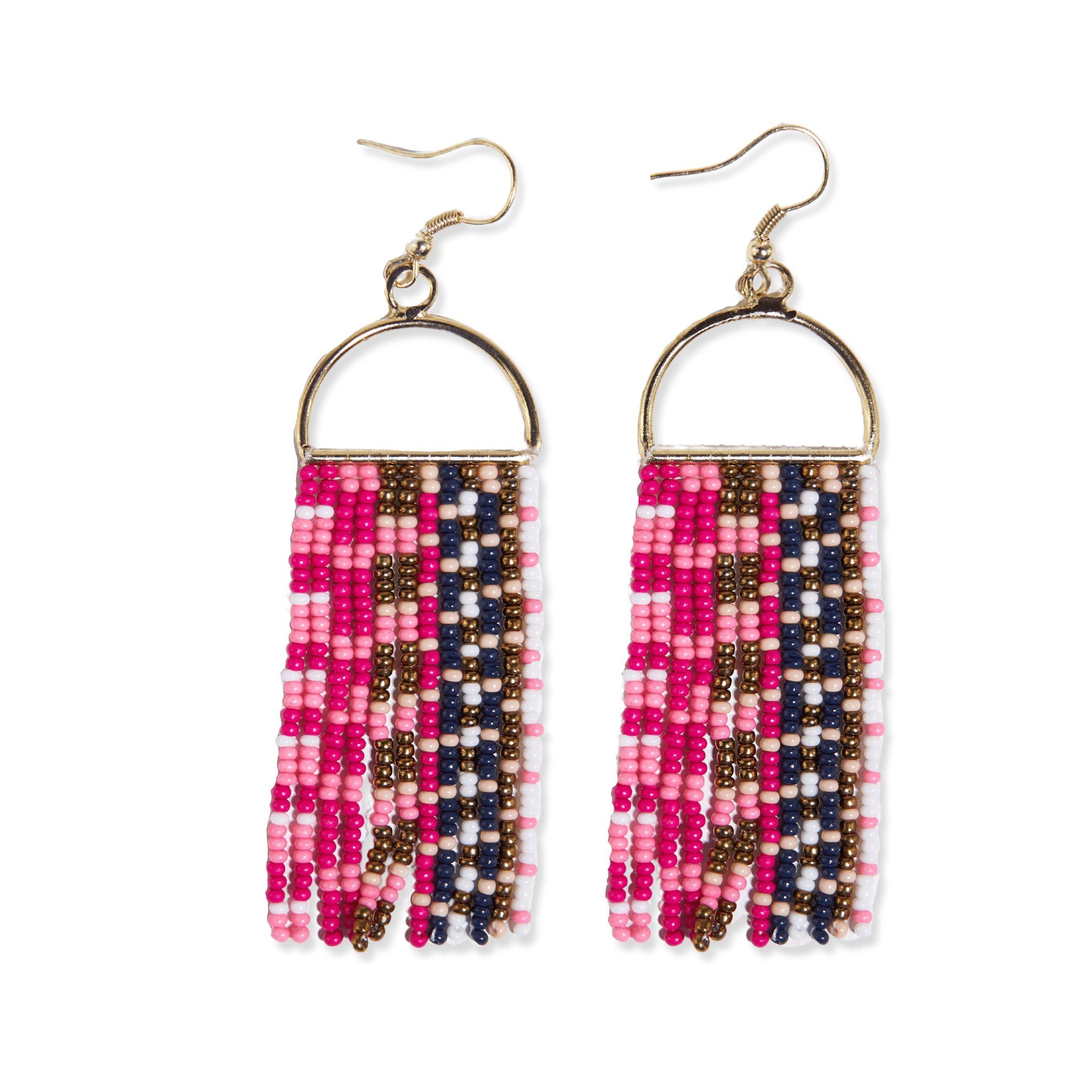 Allison Mixed Checker Beaded Fringe Earrings Hot Pink