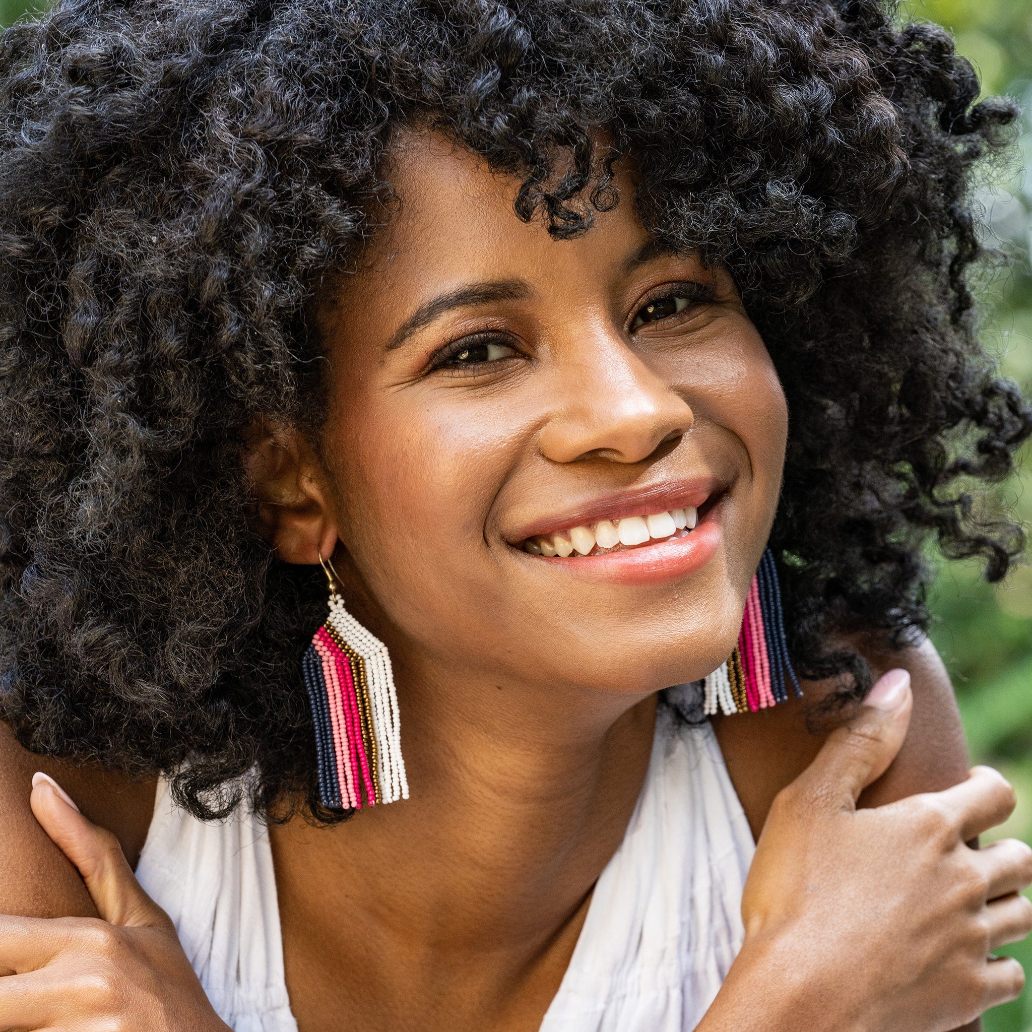Dolly Vertical Stripe Beaded Fringe Earrings Hot Pink
