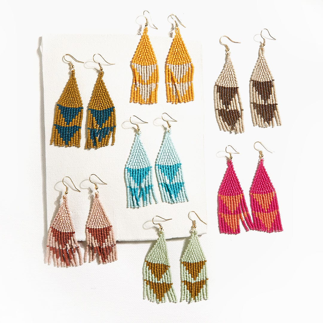 Lennon Two Color Triangles Beaded Fringe Earrings Hot Pink