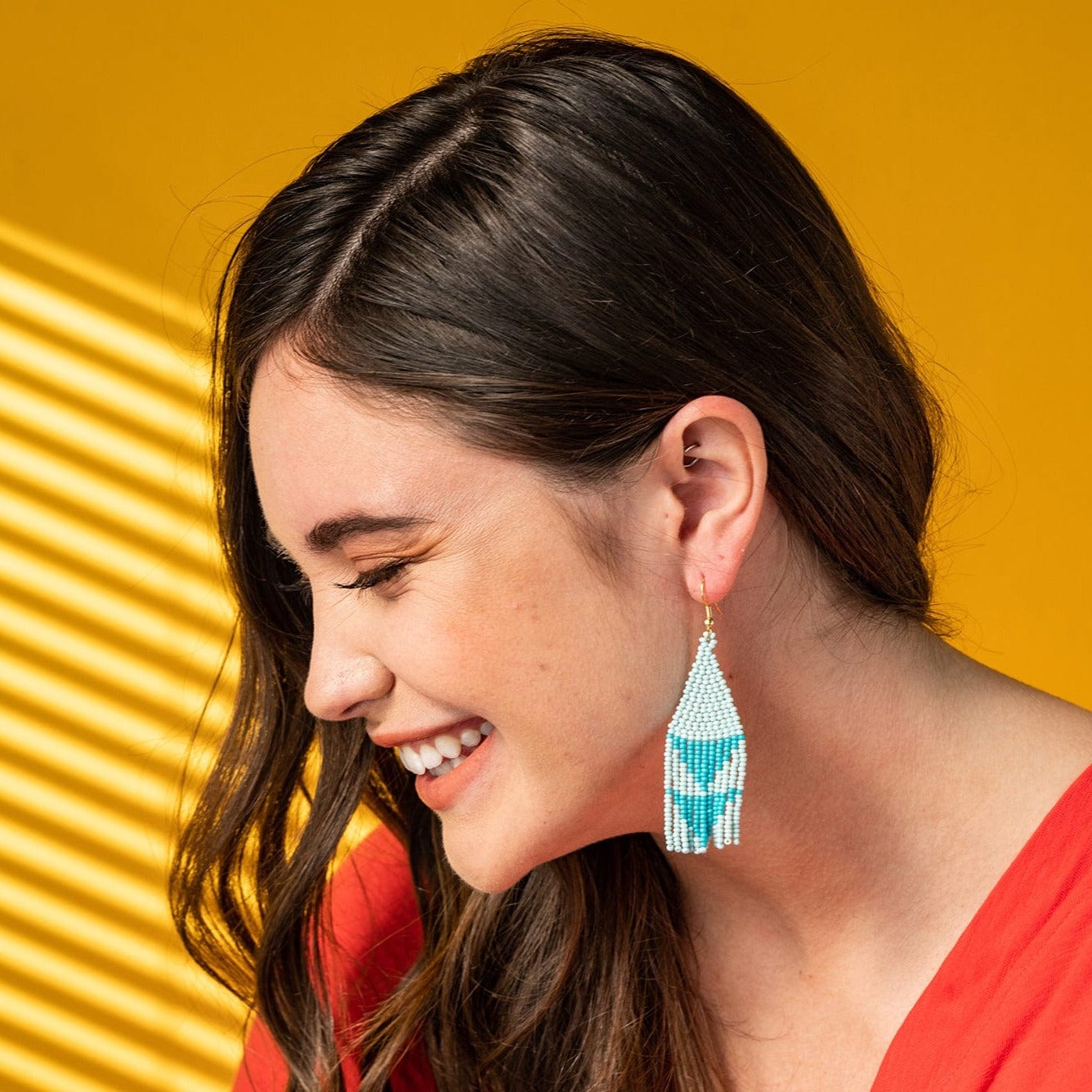 Lennon Two Color Triangles Beaded Fringe Earrings Light Blue