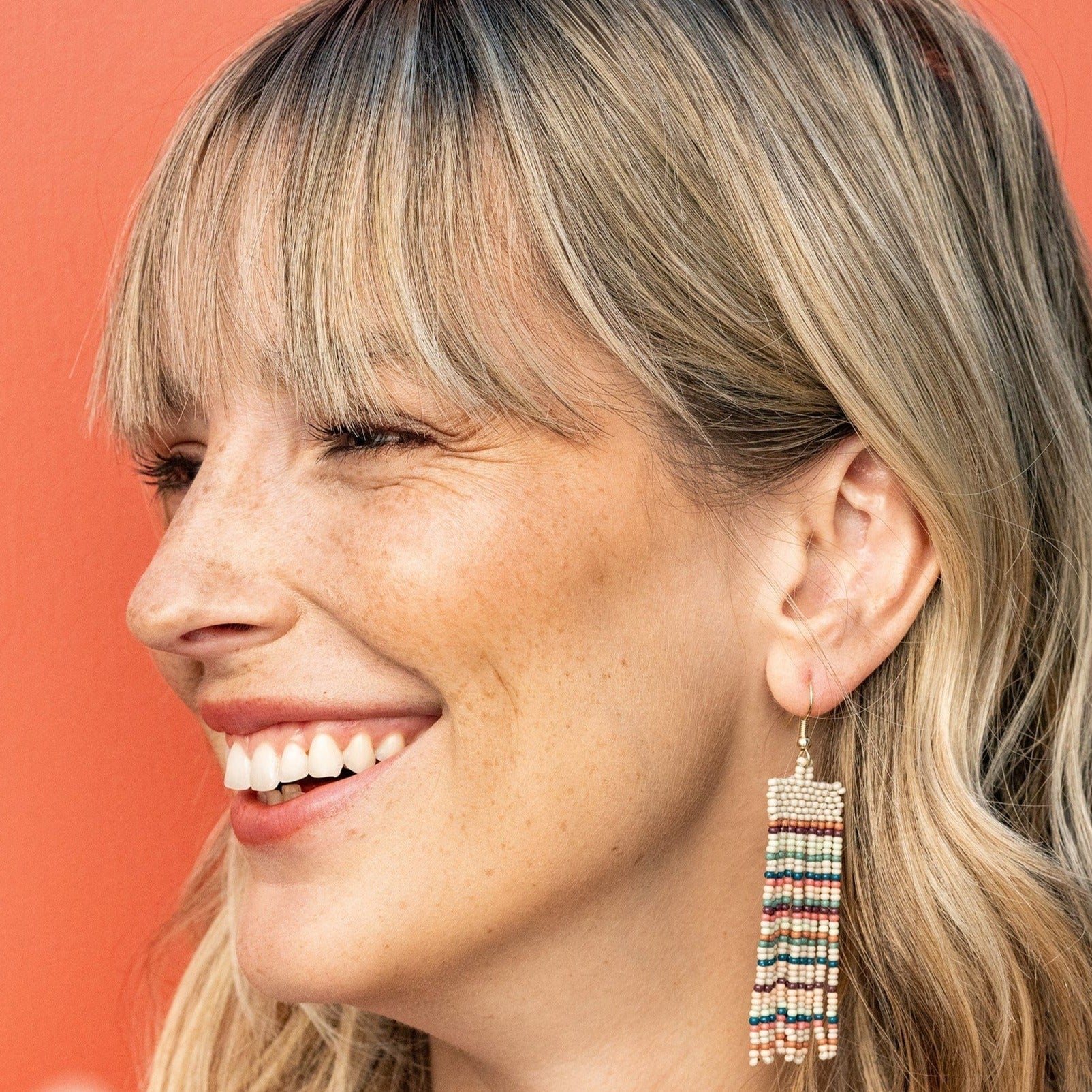 Adaline Horizontal Stripes Beaded Fringe Earrings Light Desert
