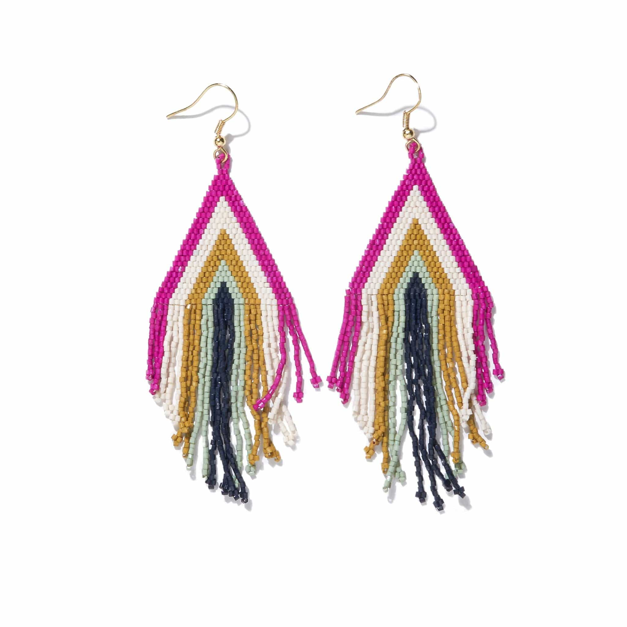 Haley Stacked Triangle Beaded Fringe Earrings Magenta