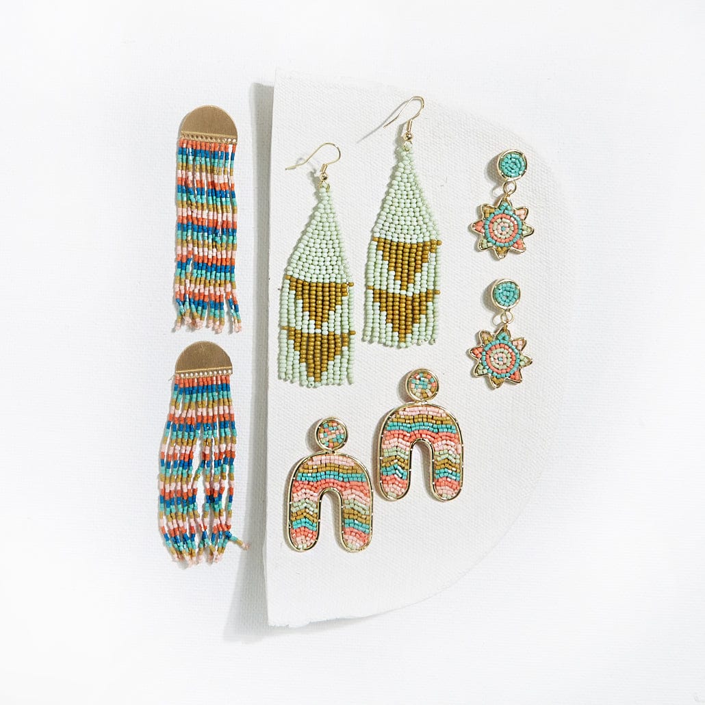 Lennon Two Color Triangles Beaded Fringe Earrings Mint