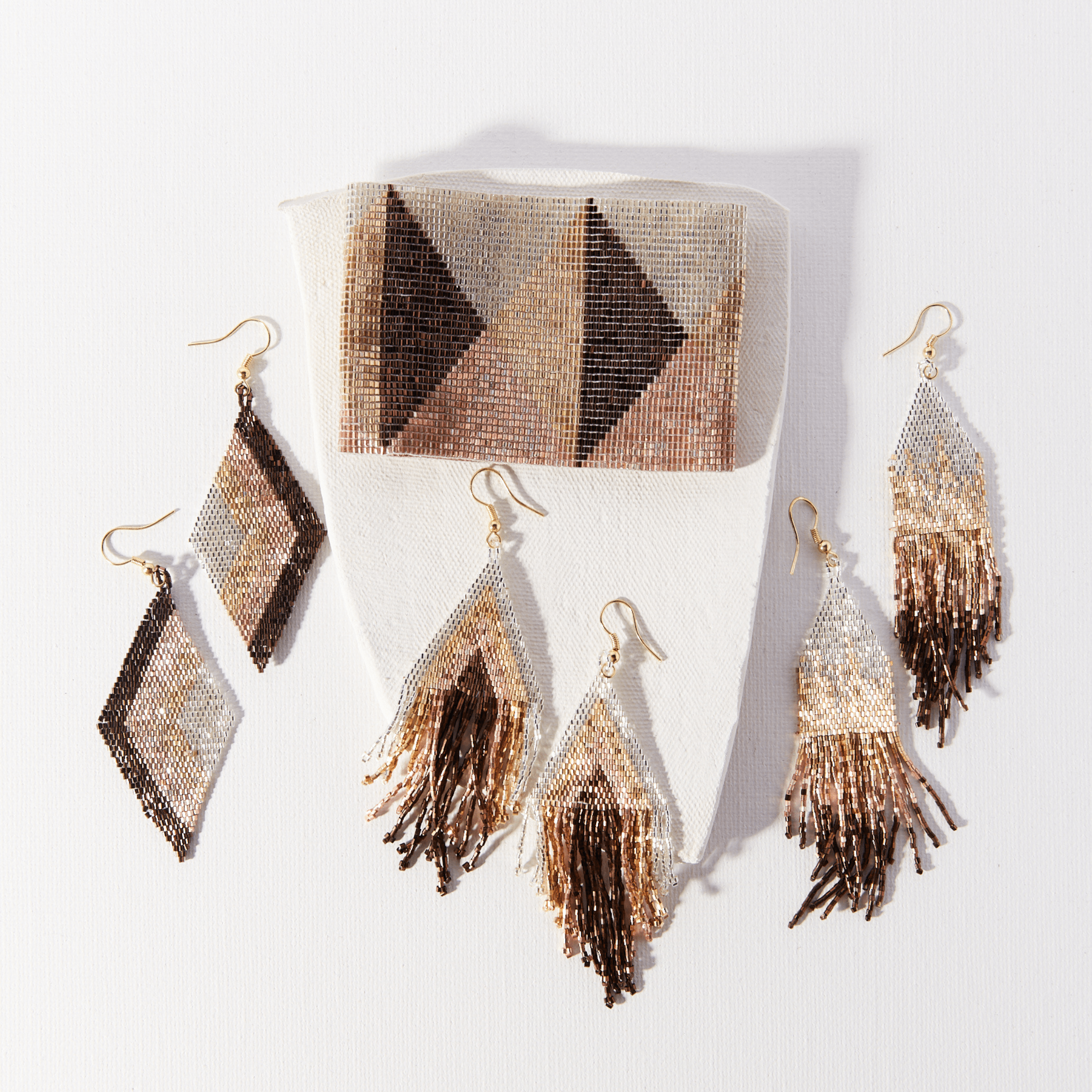 Haley Stacked Triangle Beaded Fringe Earrings Mixed Metallic