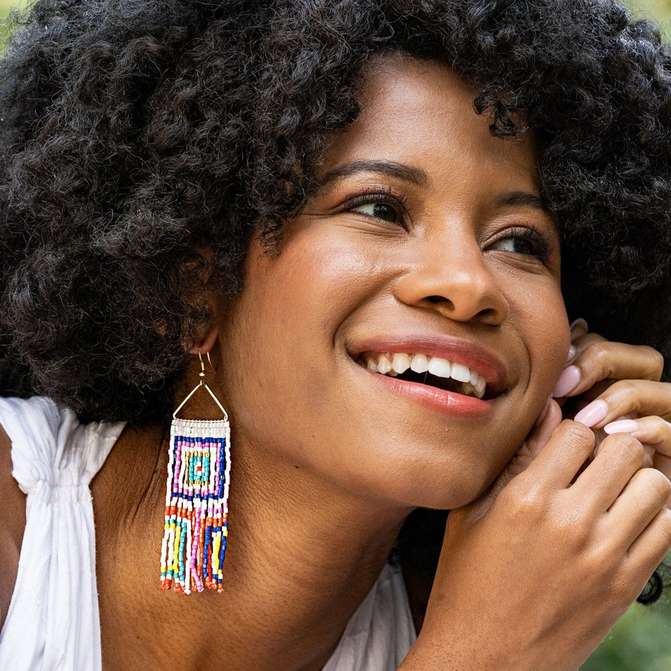 Brooke Squares Beaded Fringe Earrings Neon White