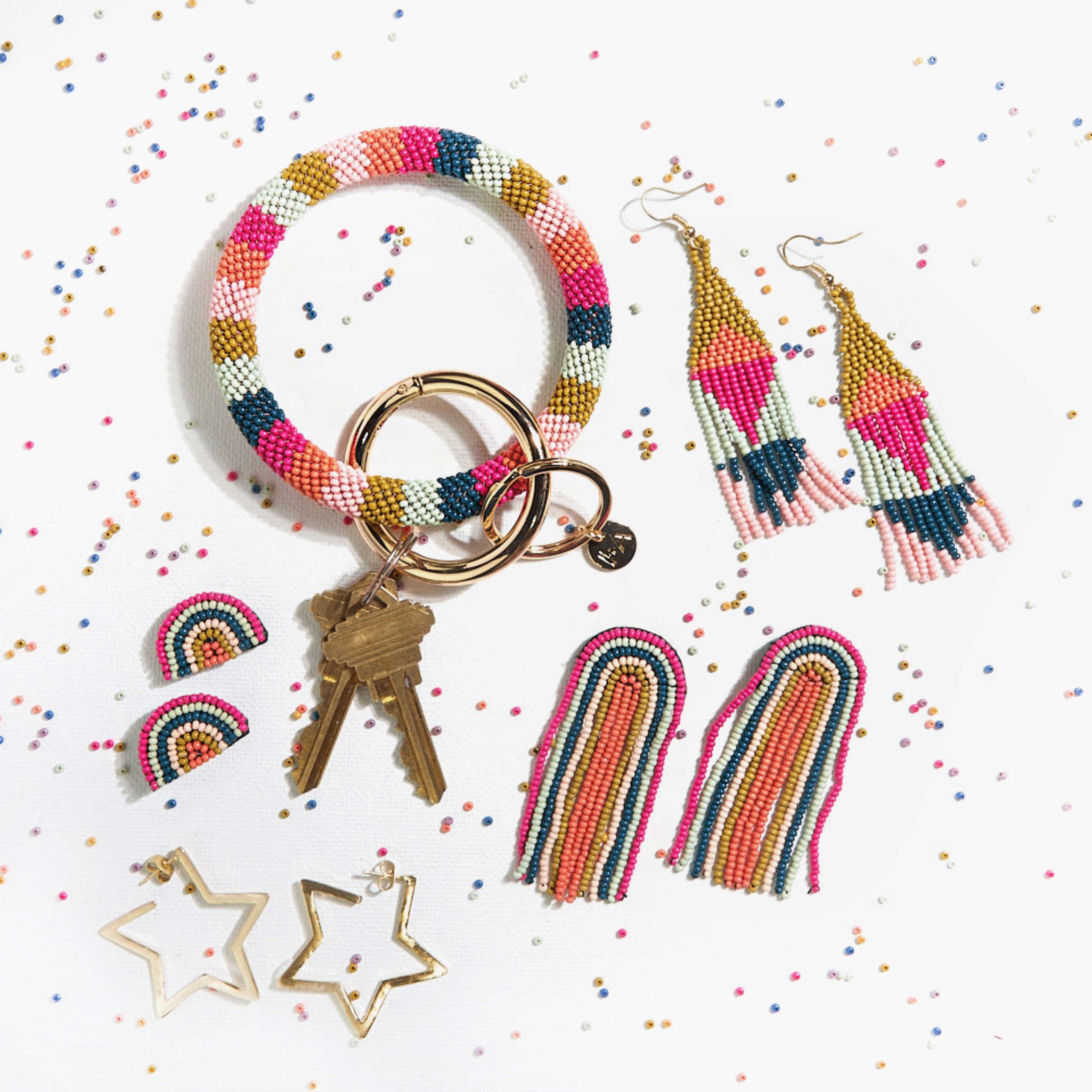 Skylar Rainbow Stripe Beaded Fringe Earrings Rainbow