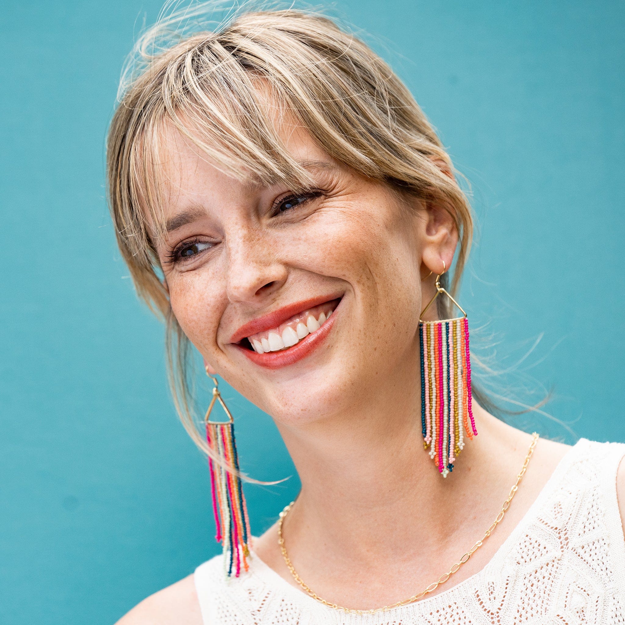 Emilie Vertical Stripe Beaded Fringe Earrings Rainbow