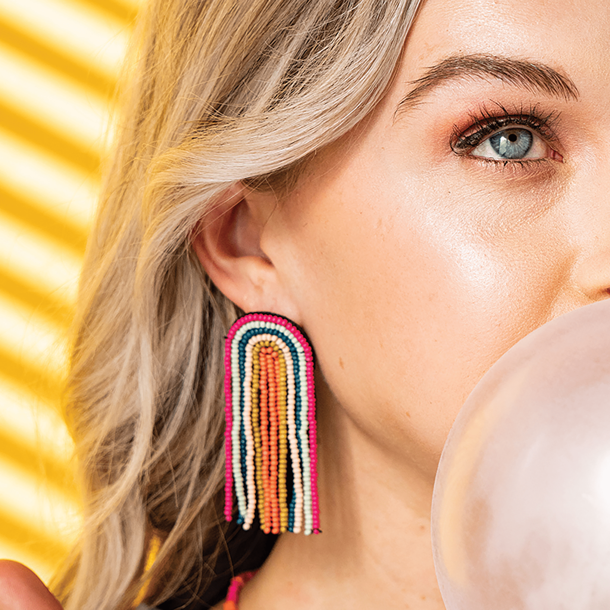 Skylar Rainbow Stripe Beaded Fringe Earrings Rainbow