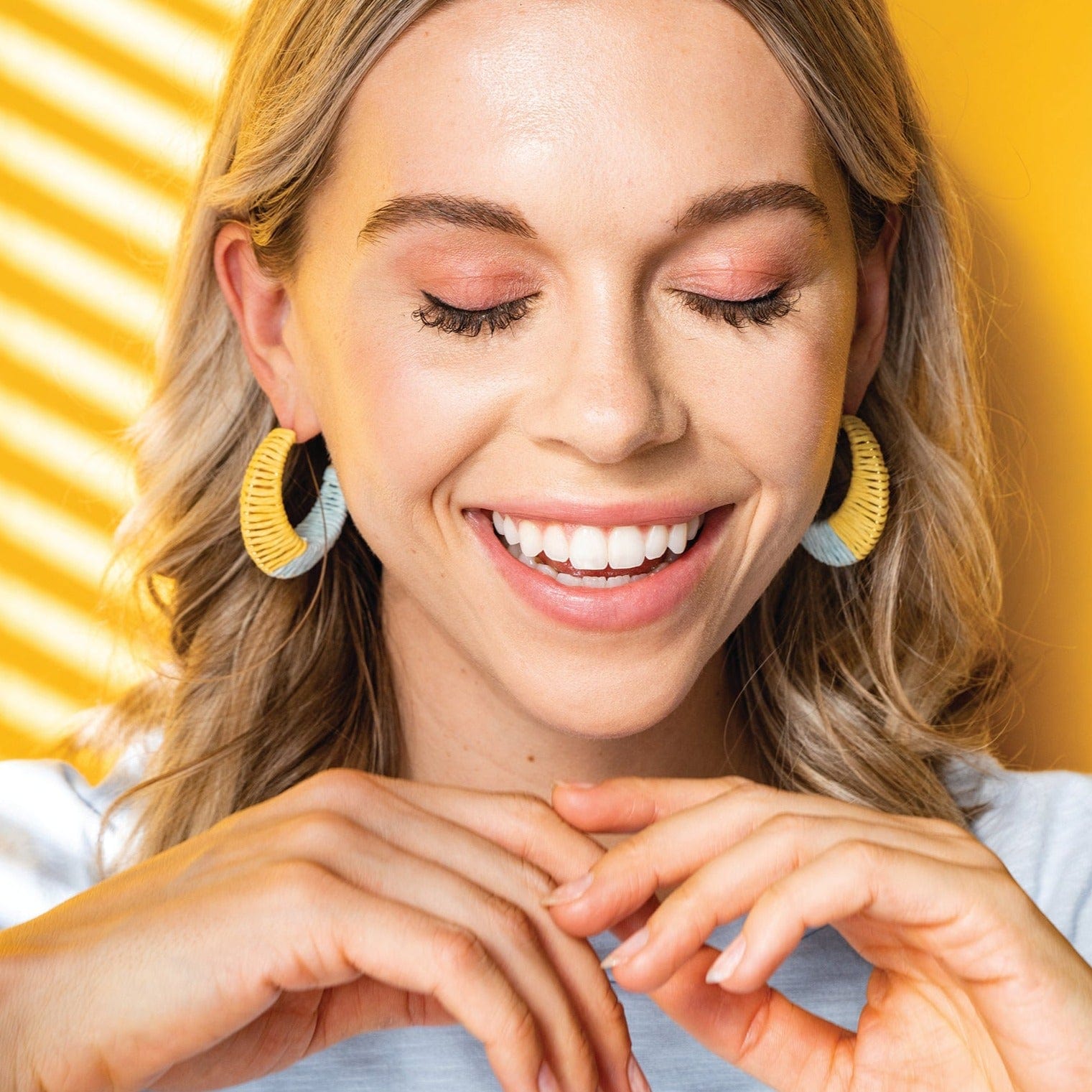 Harper Color Block Hoop Earrings Yellow and Light Blue