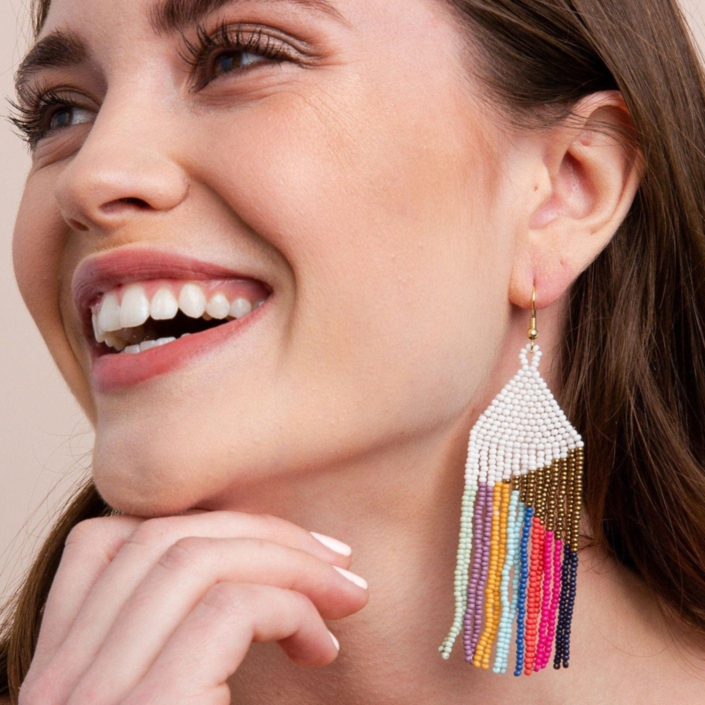 Elise Angle With Stipes Beaded Fringe Earrings White Rainbow